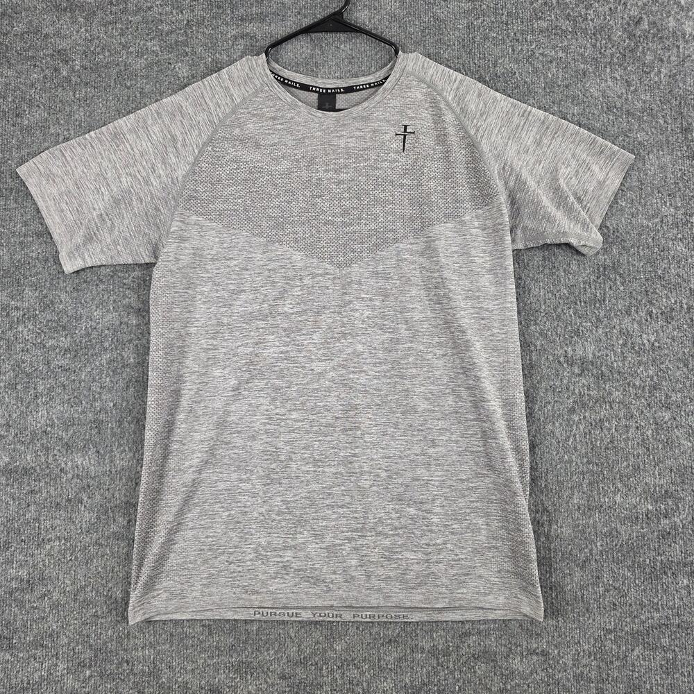 Three Nails Shirt Mens Large Seemless Tee Gray Cross Logo Athletic Gym Workout